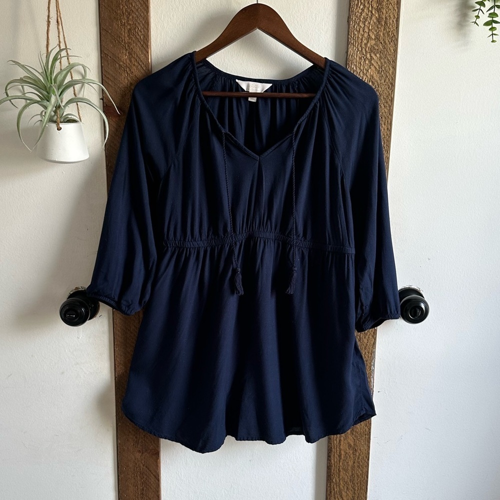 A:Glow Maternity Women’s Navy Blue Rayon Blouse Tassel Strings Size Small
